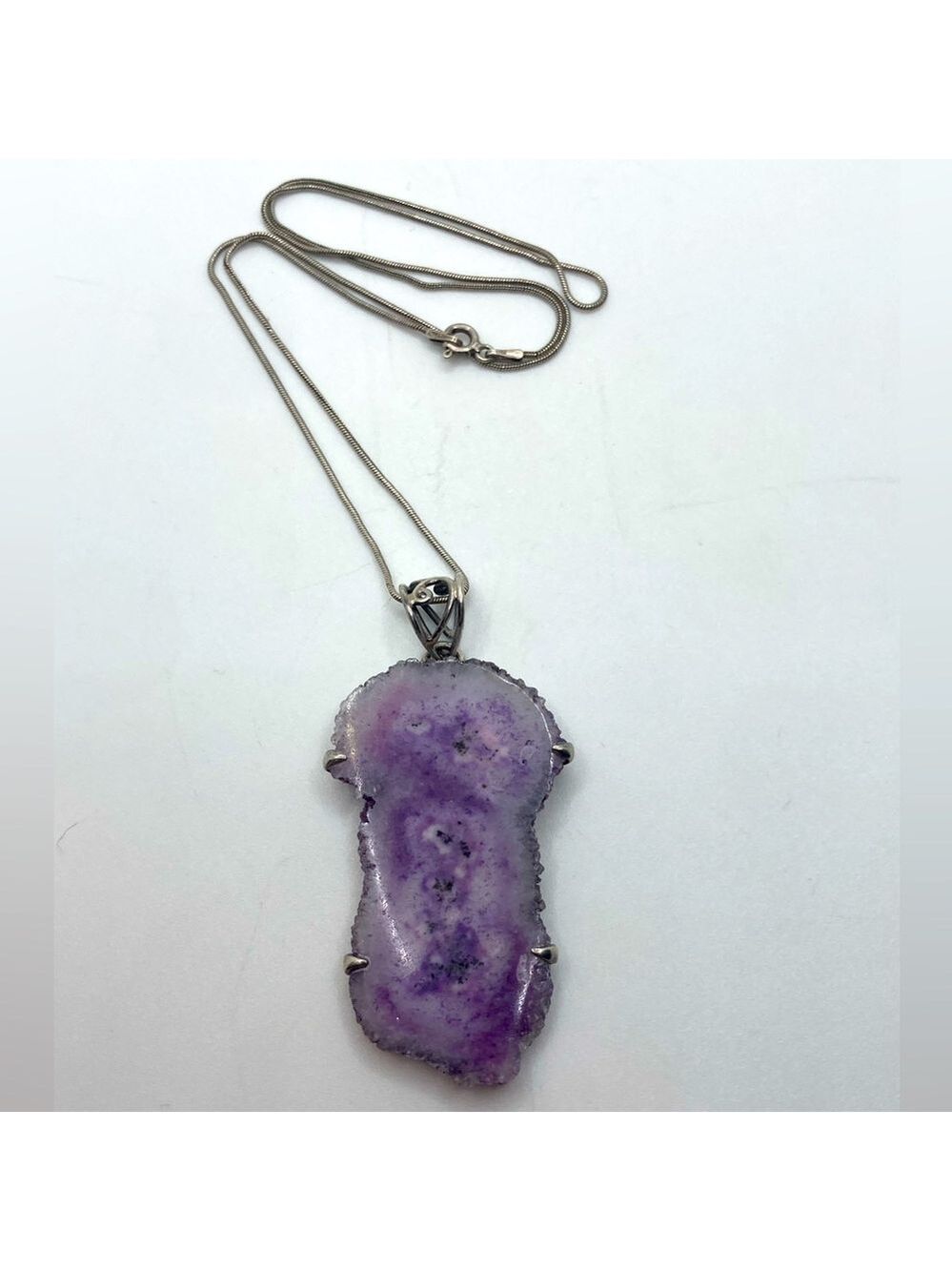 VTG Sterling Amethyst Druzy Slice Pendsnt w 925 Snake Chain 19” / 2.5” Pendant